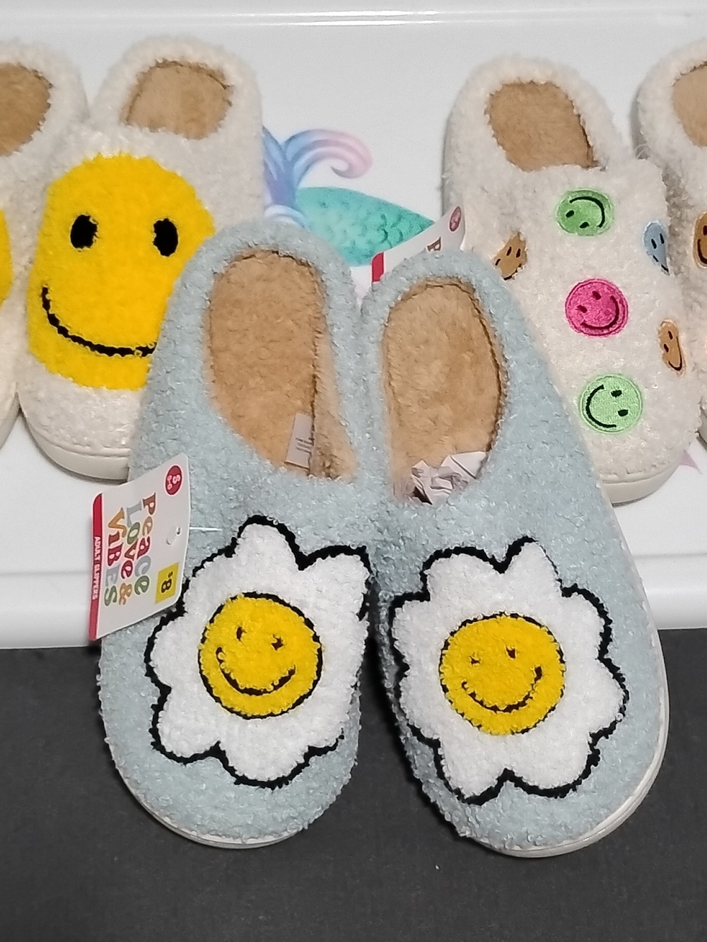 Set Of 3 Women's Light Blue Daisy Smiley Slippers